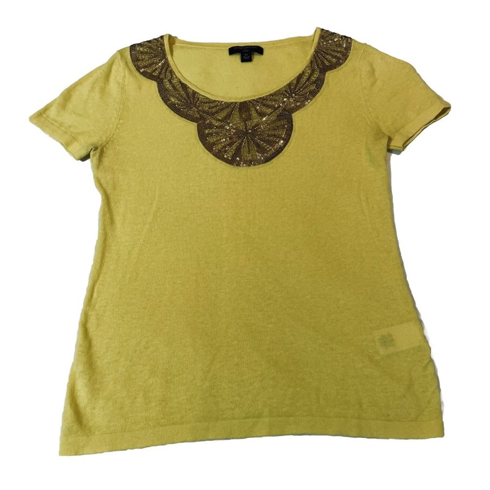 Banana Republic Women Extra Small XS Petite Yellow Linen Blend Beaded Knit - Picture 2 of 6